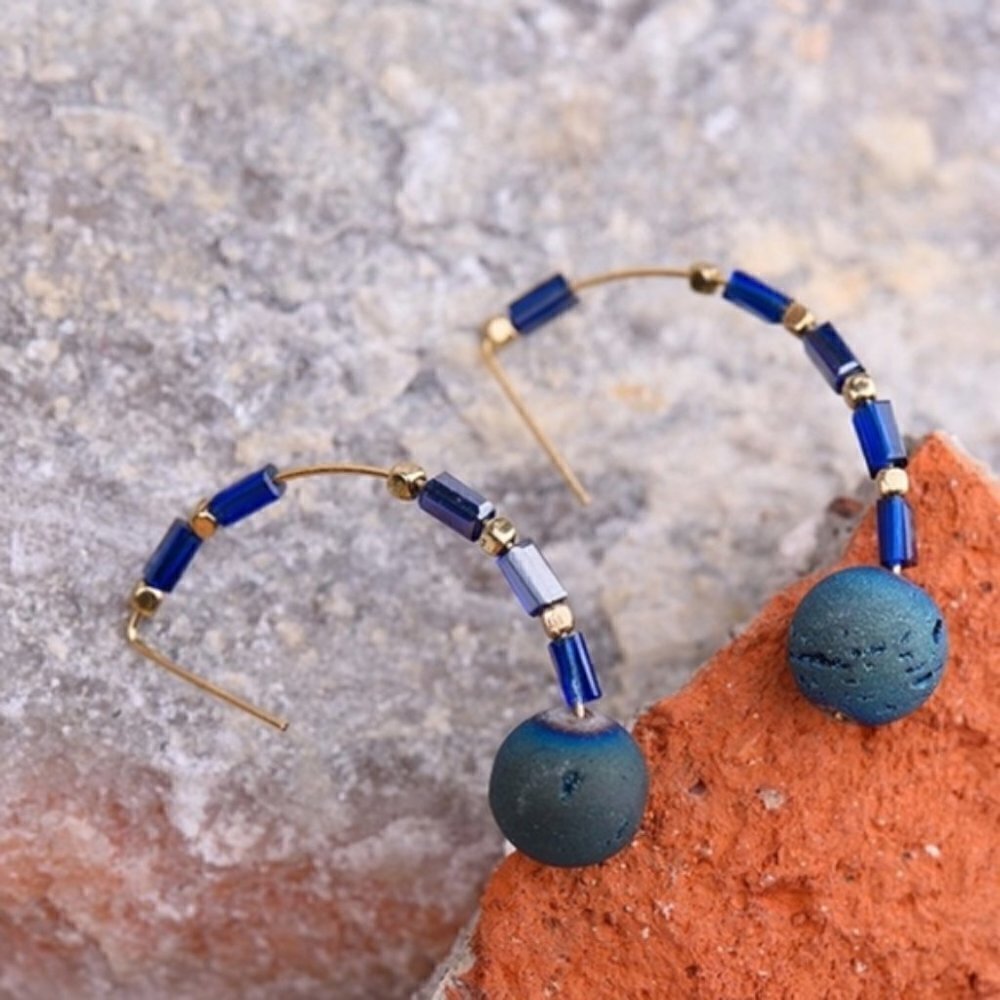 Druzy Threader Earrings Threaders Hematite - Picture 2 of 4